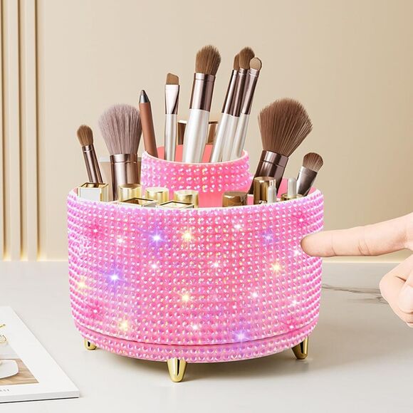 Diesisa 5Slot Makeup Brush Diamond Pink Cup 360° Rotating Makeup Brush Holder - Picture 1 of 5